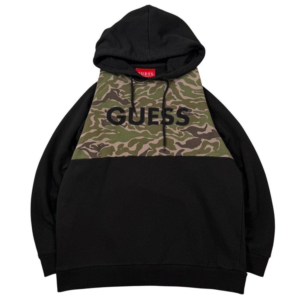 Guess Hoodie Mens Large Black Camo Colorblock Logo Pullover Sweatshirt Gorpcore
